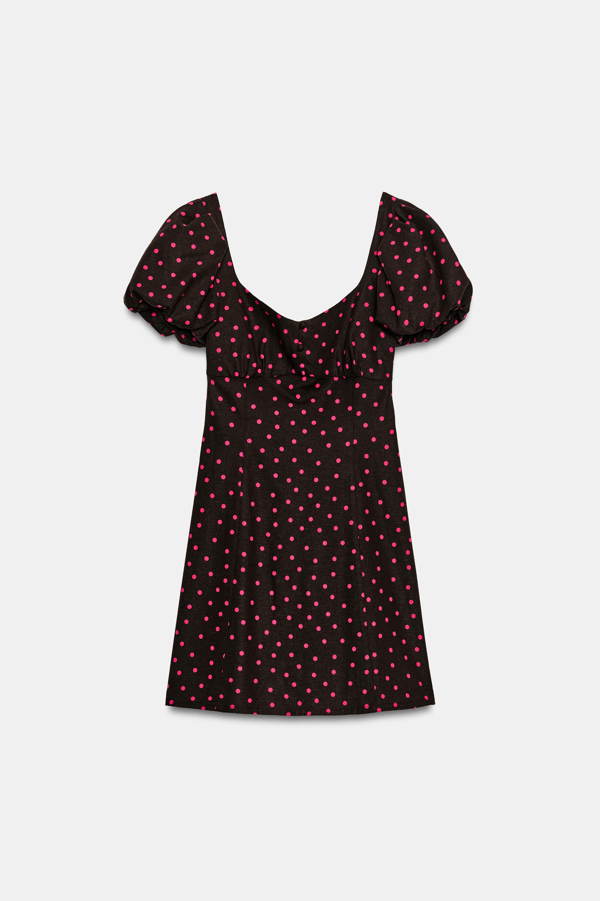 LINEN BLEND BALLOON SLEEVE POLKA DOT DRESS
